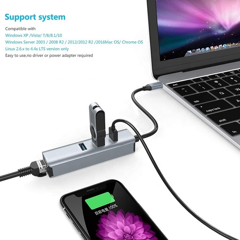 Interfejs USB 3.1 Typ C do 9 portów Adapter USB A 3.0 z kartą sieciową RJ45 Gigabit Ethernet Szary