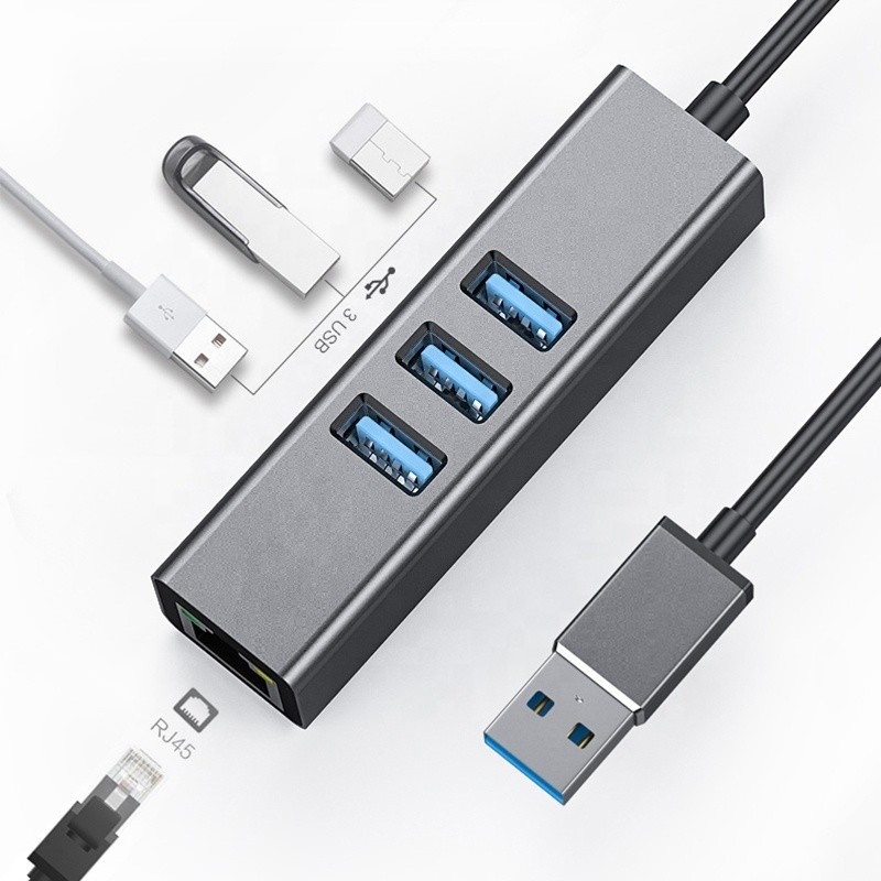 Szary węzeł USB3.0 i adapter RJ45 Lan z 3 portami USB Gigabit Ethernet Network Card