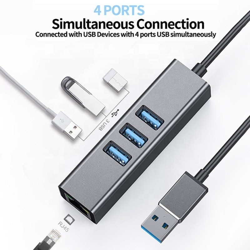 Szary węzeł USB3.0 i adapter RJ45 Lan z 3 portami USB Gigabit Ethernet Network Card