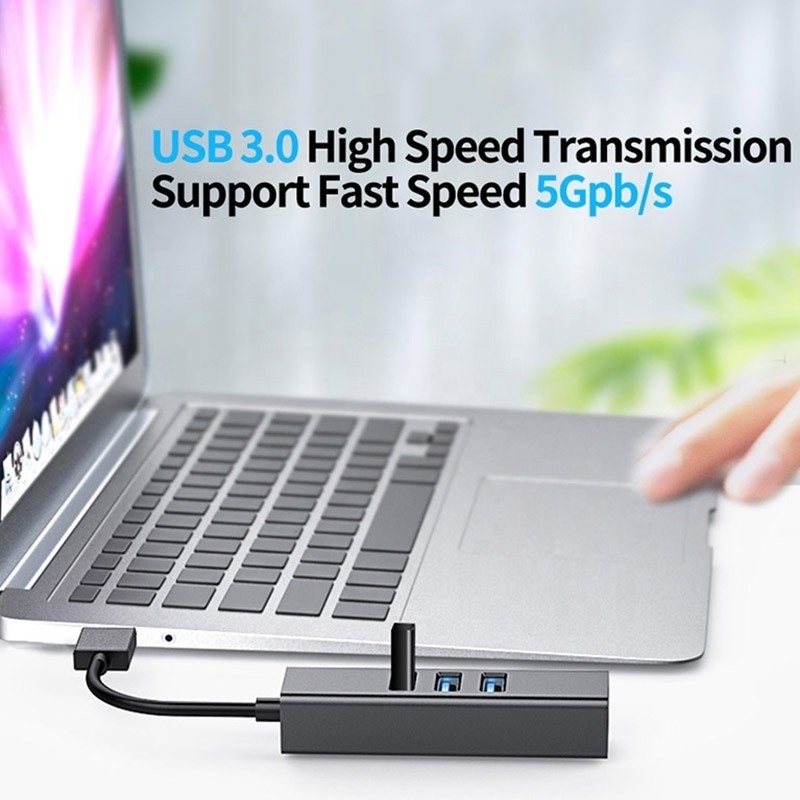 Szary węzeł USB3.0 i adapter RJ45 Lan z 3 portami USB Gigabit Ethernet Network Card
