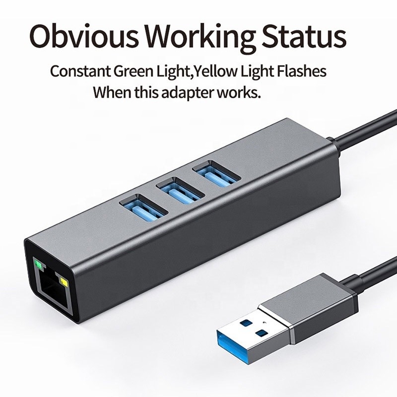 Szary węzeł USB3.0 i adapter RJ45 Lan z 3 portami USB Gigabit Ethernet Network Card