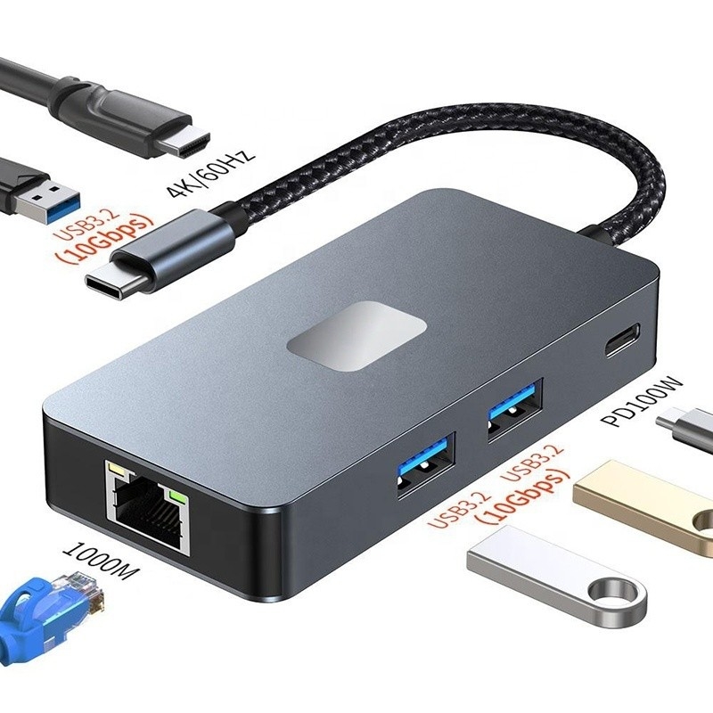 8-w-1 adapter wielozadaniowy USB-C Hub z HDMI 3 USB3.0 RJ45 I PD wyjście 5-8 portów