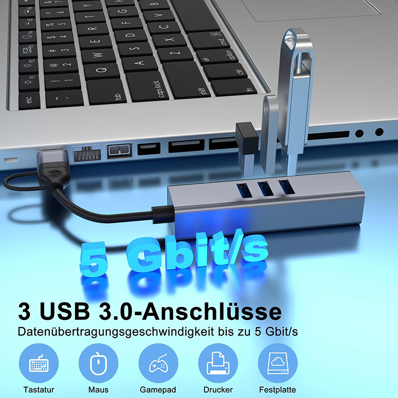 Adapter LAN typu C USB 6-w-2 USB C Hub z 3 portami USB 3.0 i RJ45 Gigabit LAN Interface