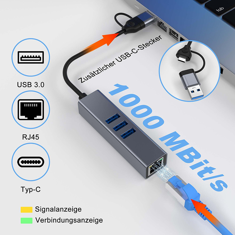 Adapter LAN typu C USB 6-w-2 USB C Hub z 3 portami USB 3.0 i RJ45 Gigabit LAN Interface