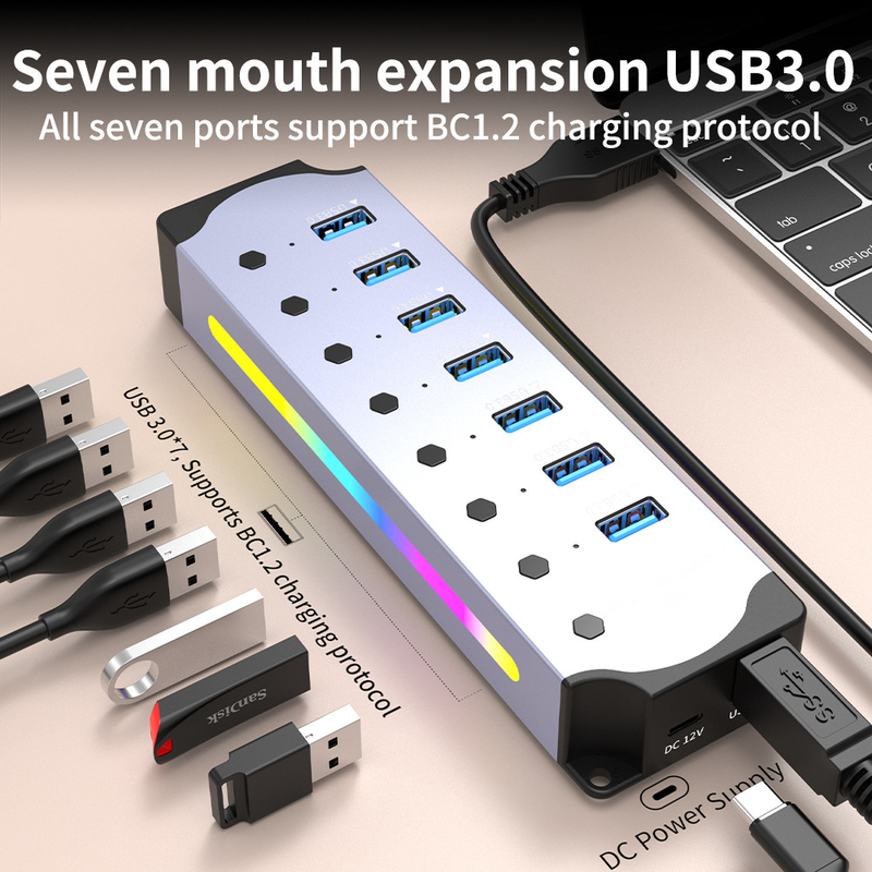 Zastosowane logo Akceptowana prędkość USB 3.0 Hub z 7 portami i konstrukcją ze stopu aluminium