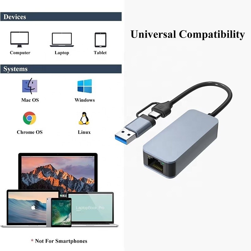2 w 1 aluminiowy adapter Ethernet USB 3.0 typu C do szybkiego i stabilnego połączenia sieciowego