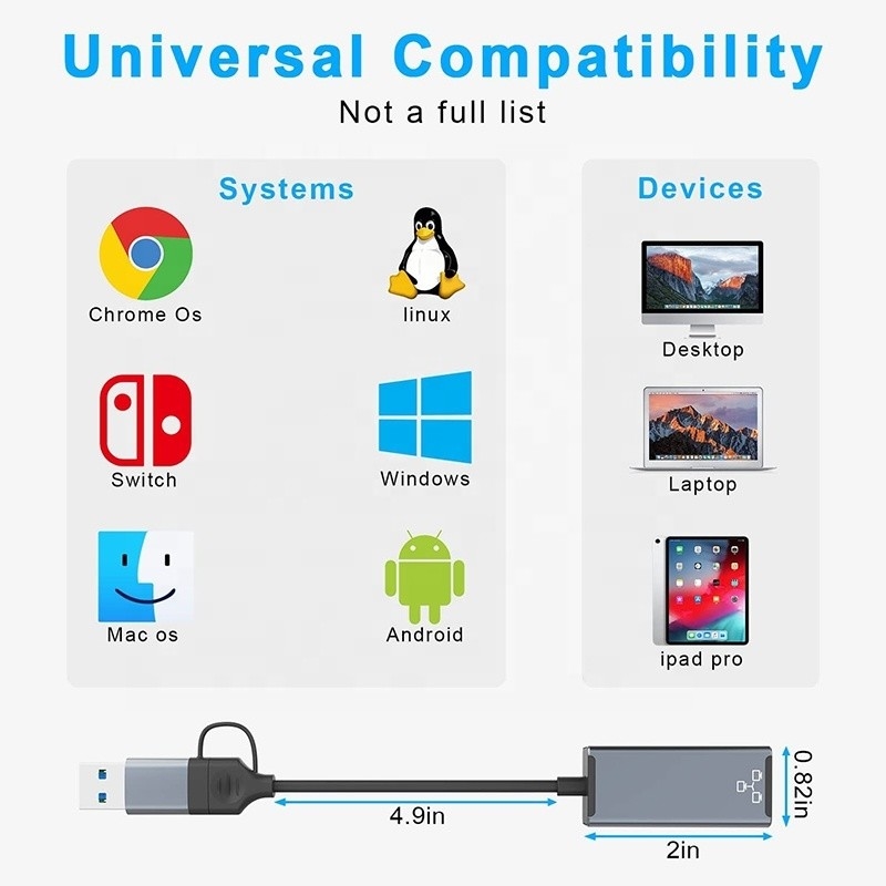 USB C Typ-C do RJ45 Ethernet Adapter Gigabit Lan dla laptopów o dużym zapotrzebowaniu