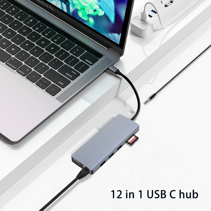 Szary Złącze Kolorowy USB 3.0 Internet RJ45 HDMI 4K 12 W 1 USB C Hub